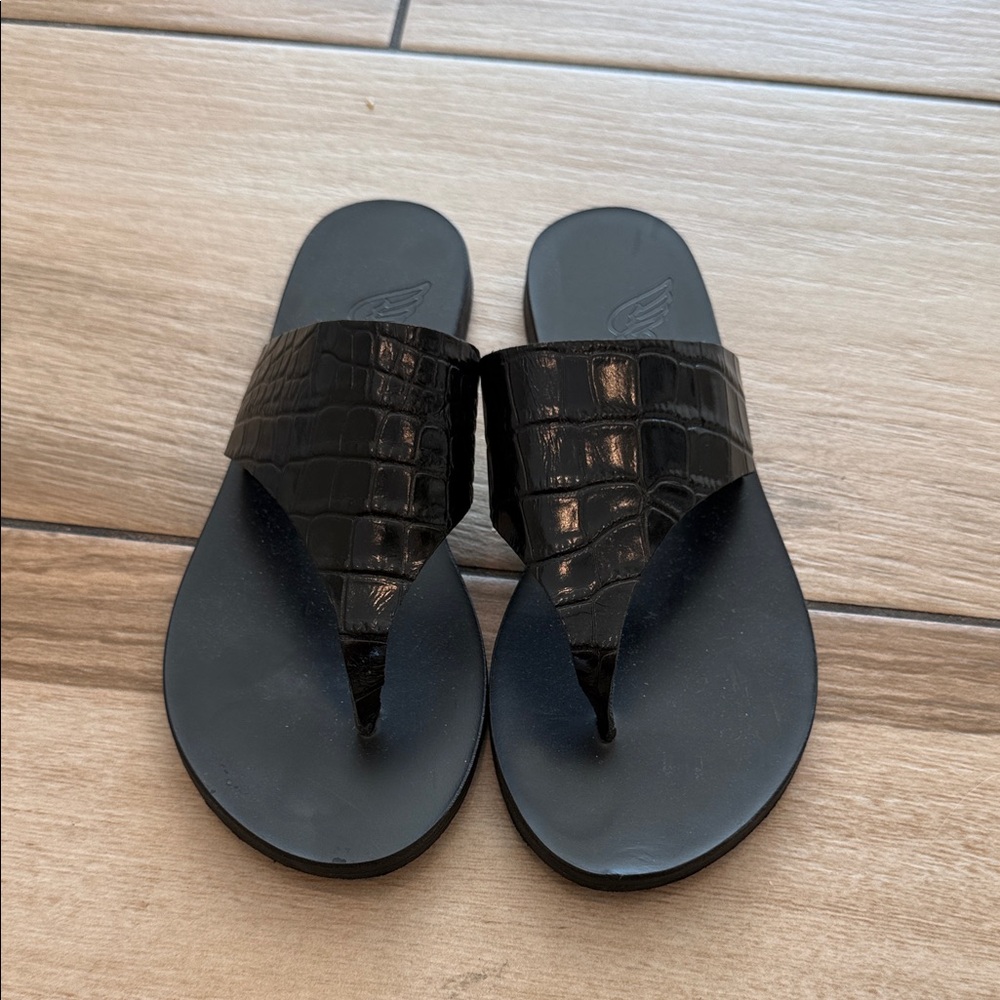 Ancient Greek Sandals Black Croc-Embossed Sandals